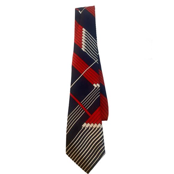 Vintage Narrow Thin Bold Red Navy Geometric Silk Tie King Lou - Picture 1 of 4